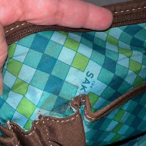 The Sak Taupe Crochet Shoulder Bag With Adjustable Strap & Argyle Lining - Picture 6 of 8